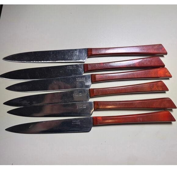 Vintage Kaylan Stainless Knives Set Bakelite Handles Mid Century Kitchen - Picture 1 of 3